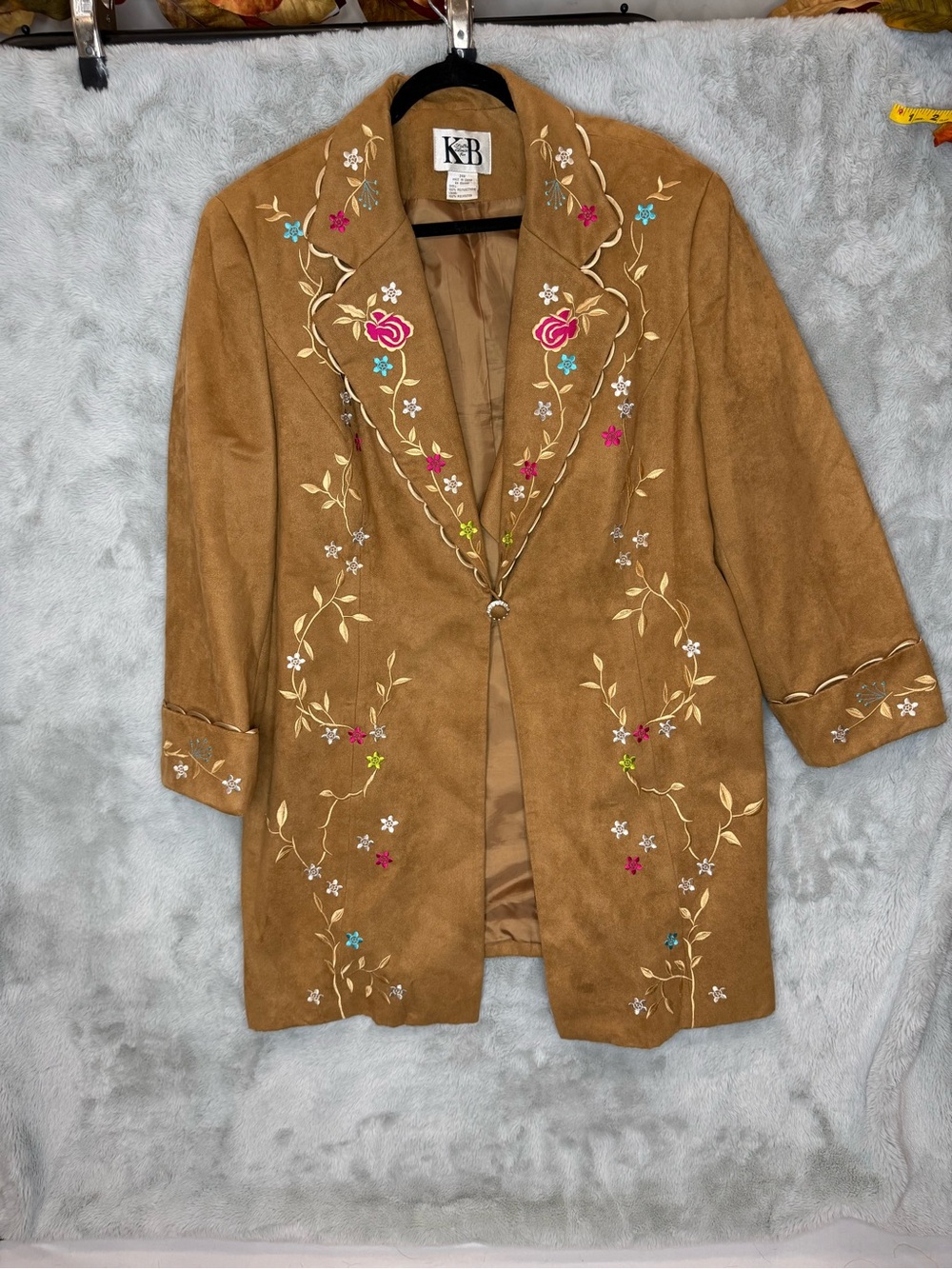Stella Louise for KB 24W Embroidered Faux Suede Long Jacket Blazer